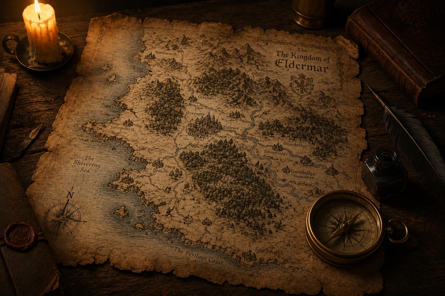 A hand-illustrated map of a coastal kingdom, candlelit on a wooden table