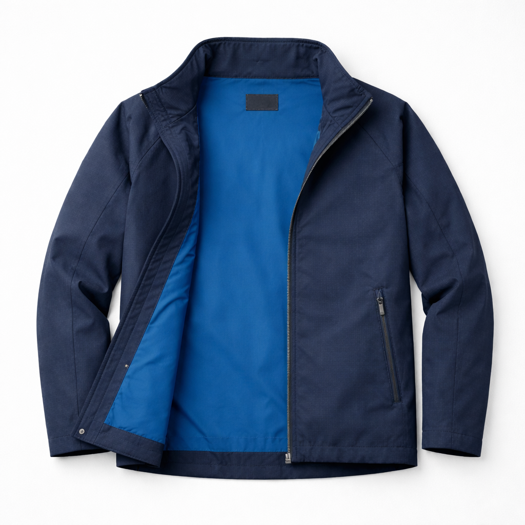 The Crossing Jacket open — Hormuz blue lining revealed