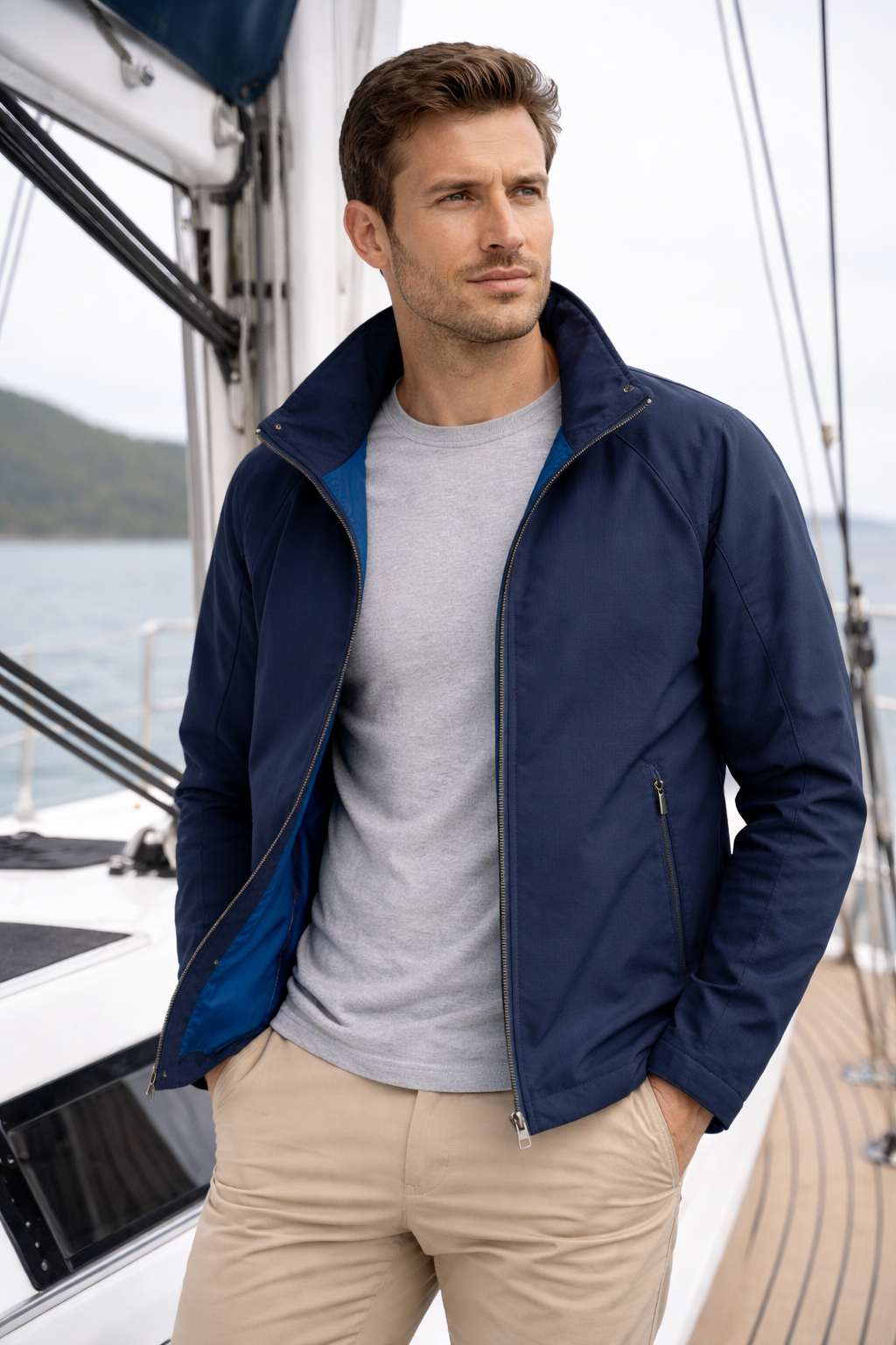 The Crossing Jacket worn on a yacht