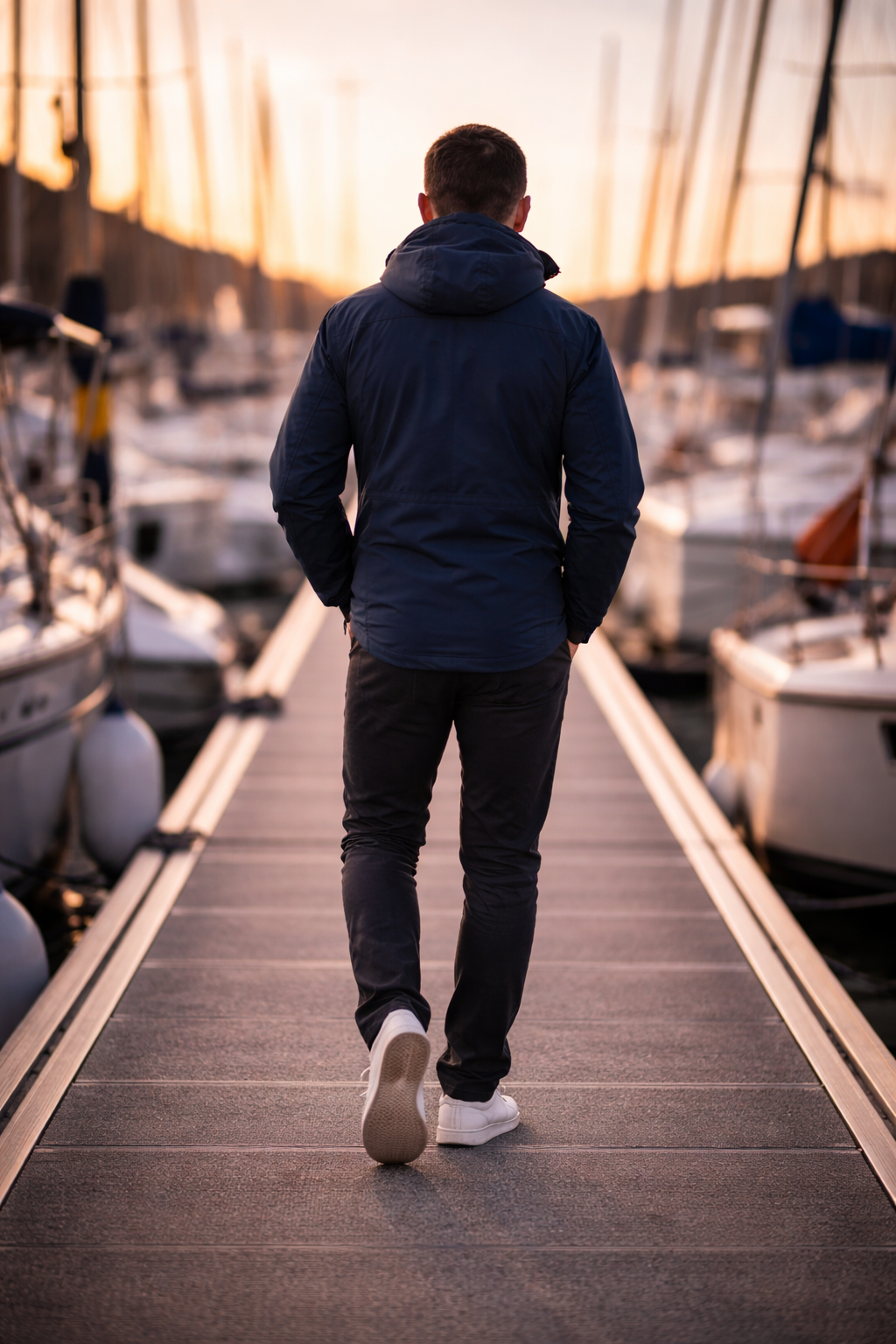 Walking the marina at sunset in the Coastal Jacket