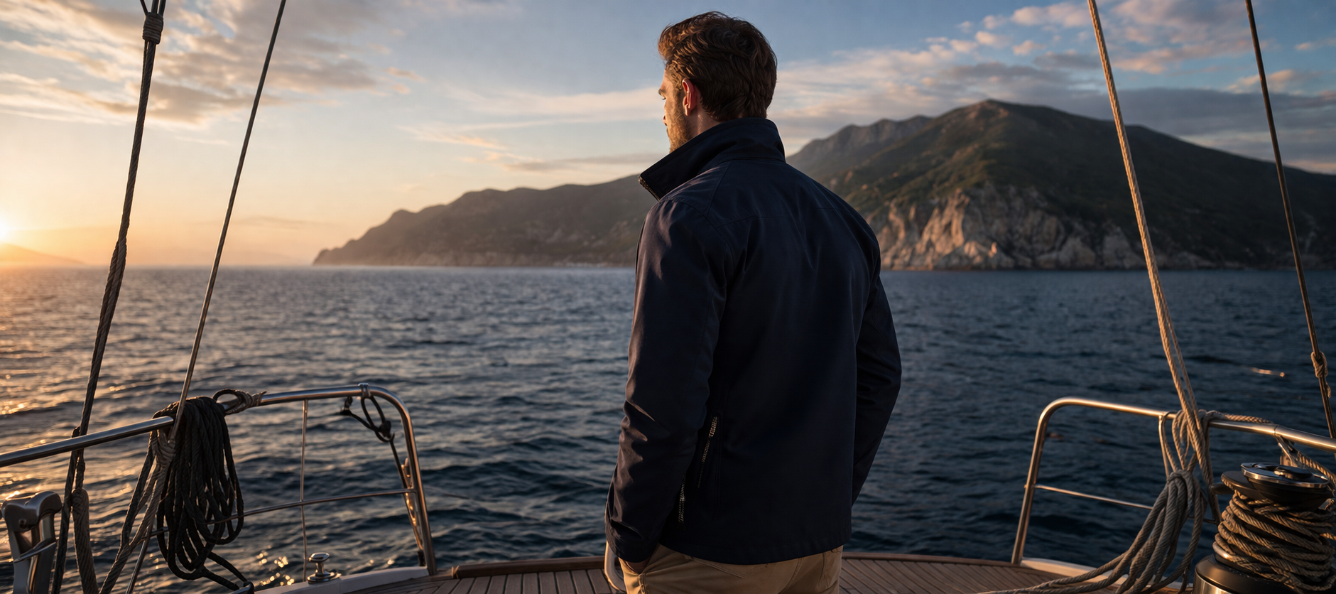 A sailor wearing the Crossing Jacket at the stern of a yacht, looking out toward a mountainous coastline at golden hour