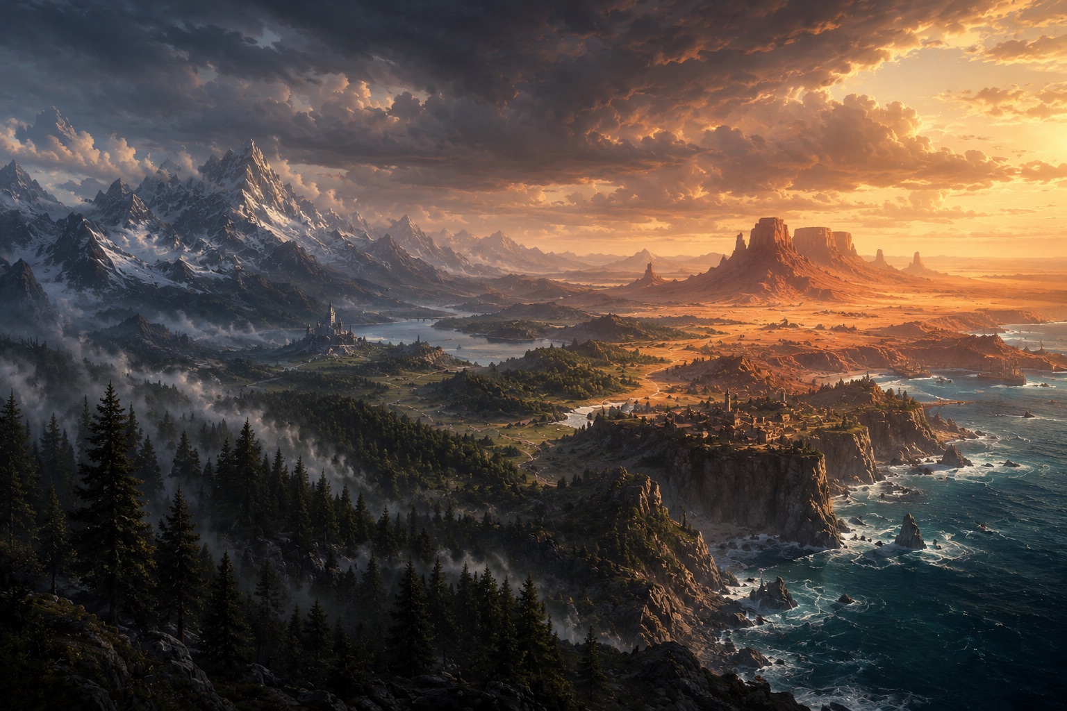 A sweeping vista of forests, coastline and distant peaks — the worlds you build